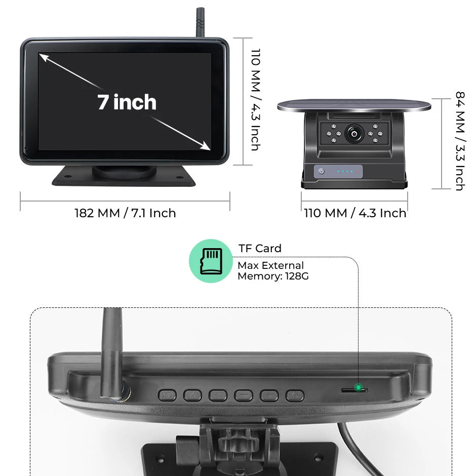 7'' Magnetic Solar Charging Wireless DVR Camera with 1080P Touch Monitor BSD Blind Spot Alarm, for Truck/RV/Trailer/Forklift