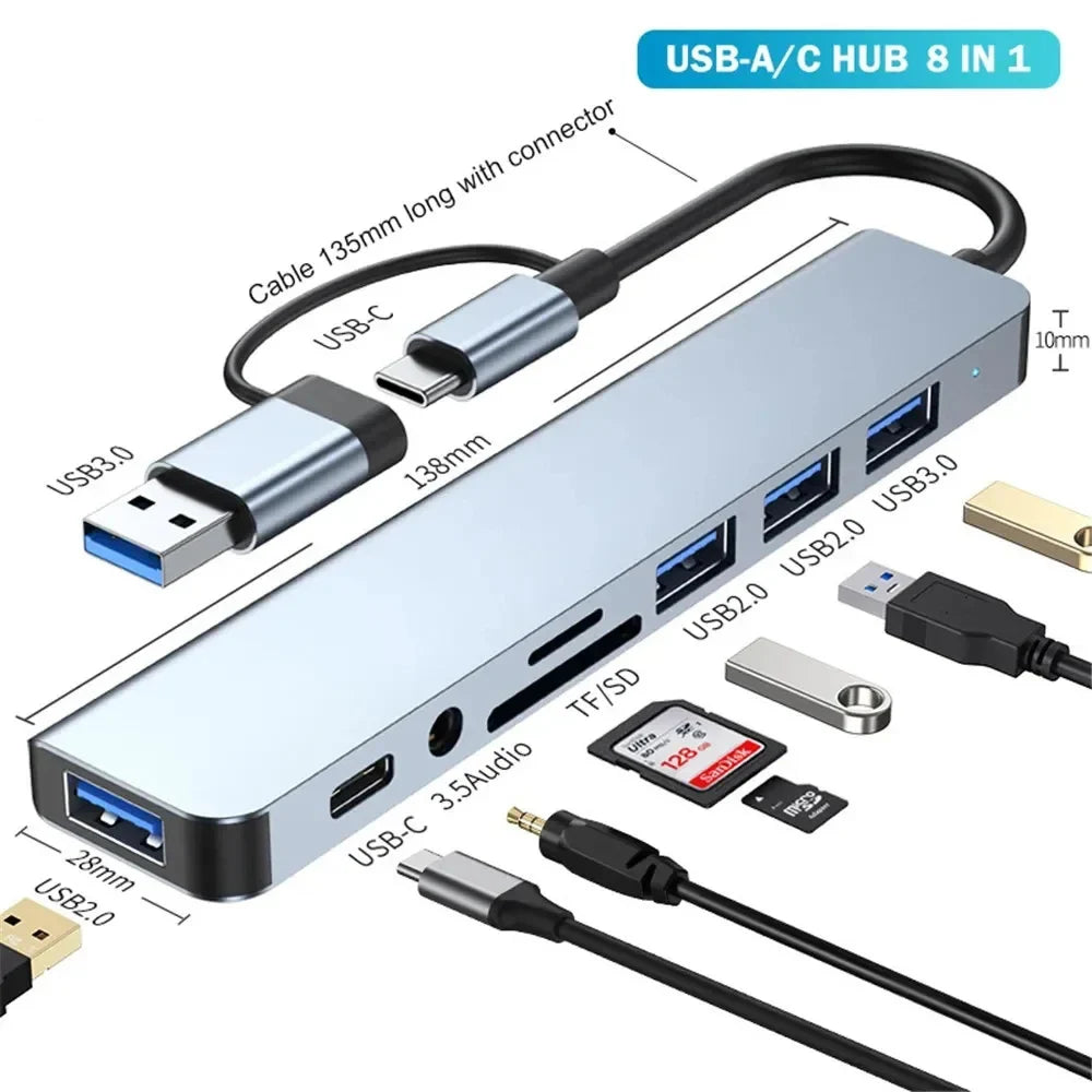 Concentrador USB-C 8 en 1 con puertos SD/TF y de 3.5mm