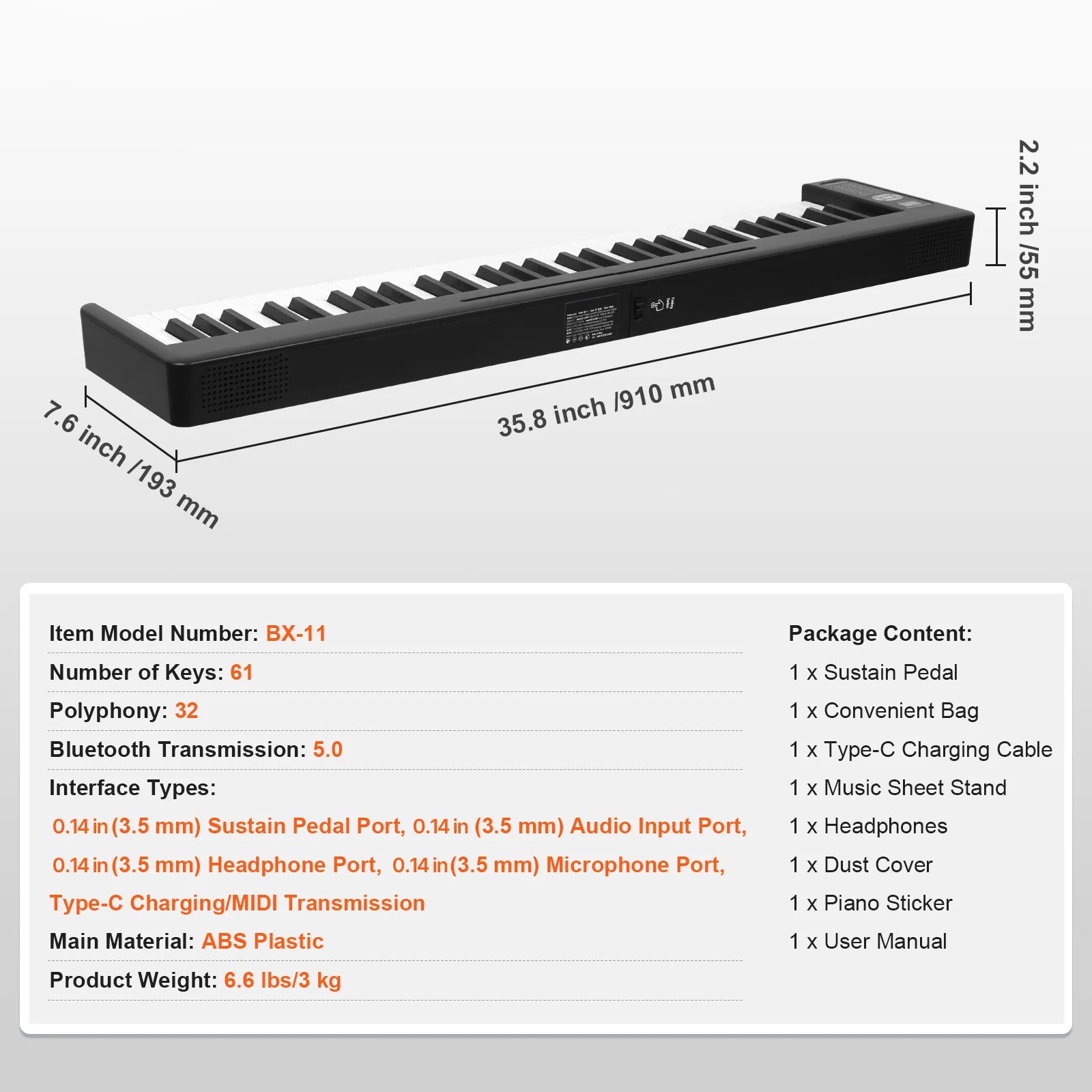 Foldable 61/88-Key Bluetooth MIDI Keyboard Piano with Rechargeable Battery