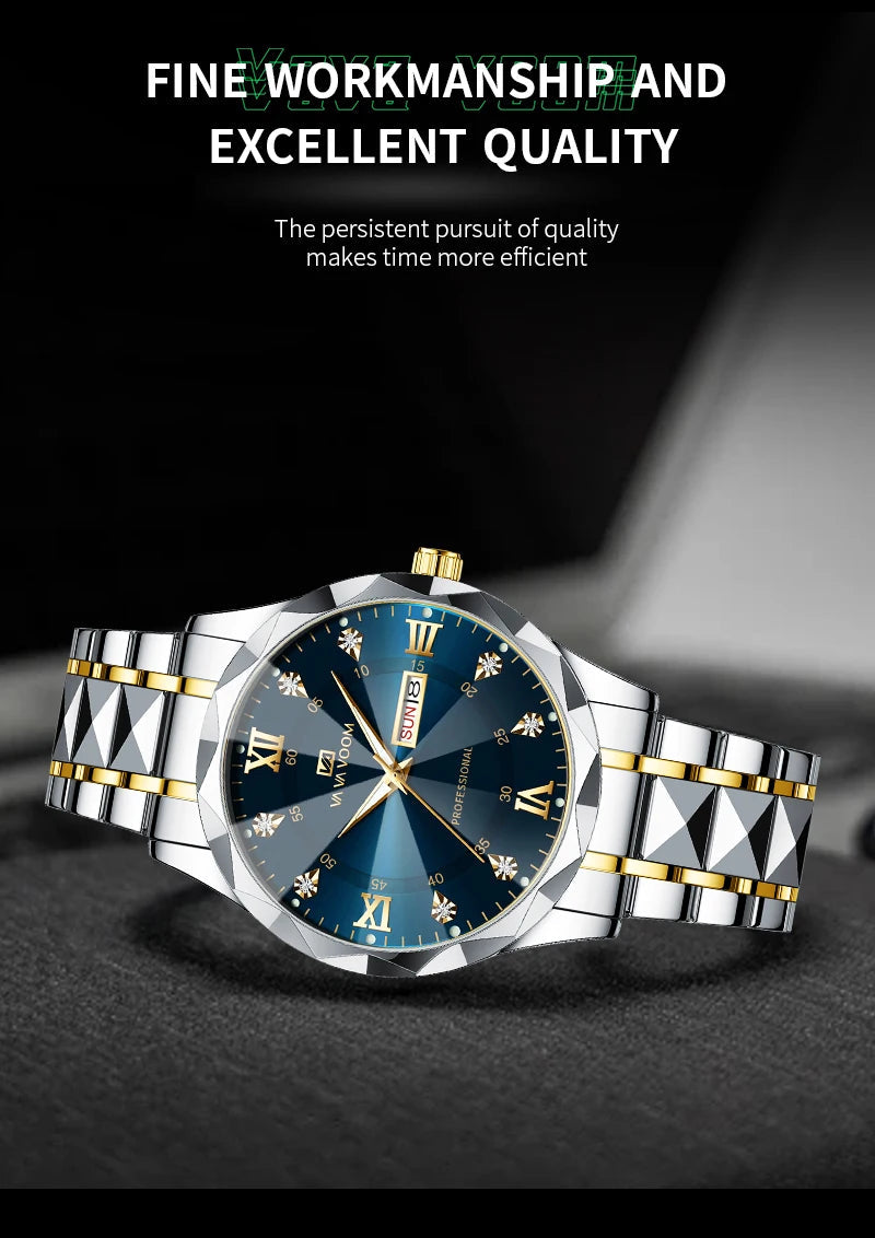 2024 New Men's Watch Fashion Rivet Stainless Steel Strap Luxury Water Diamond Diamond Luminous Blue Gold Dial Business Men Watch
