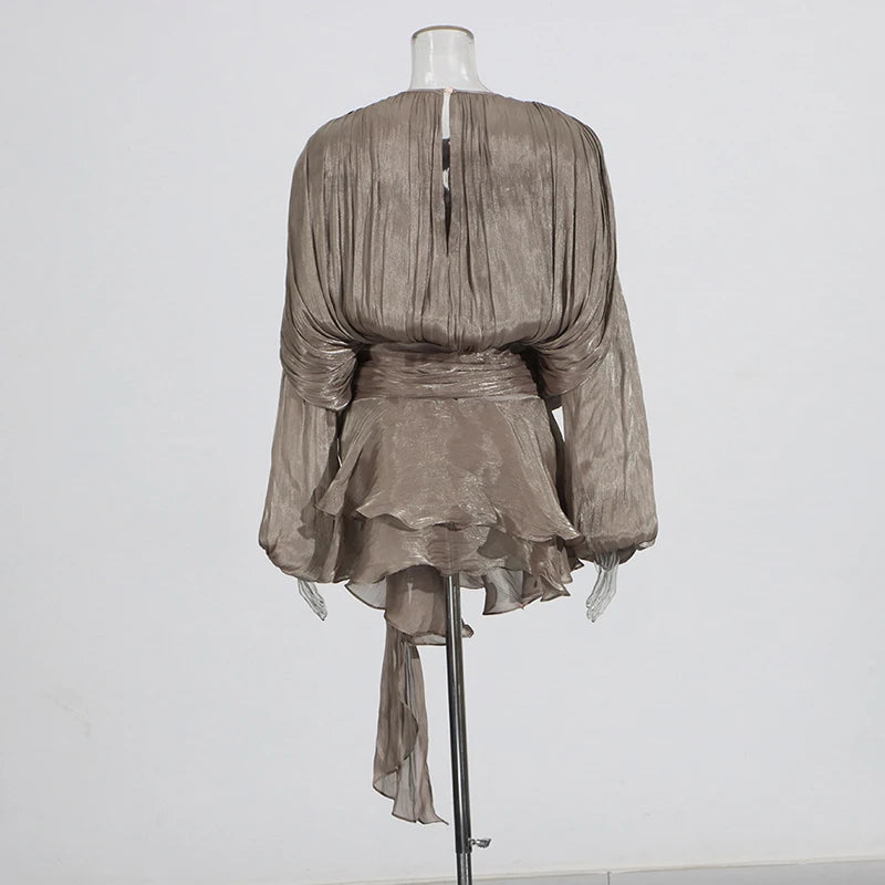 TWOTWINSTYLE Solid Patchwork Lace Up Blouse Mini Dresses For Women V Neck Long Sleeve Sweet Style Dress Female Clothing Fashion