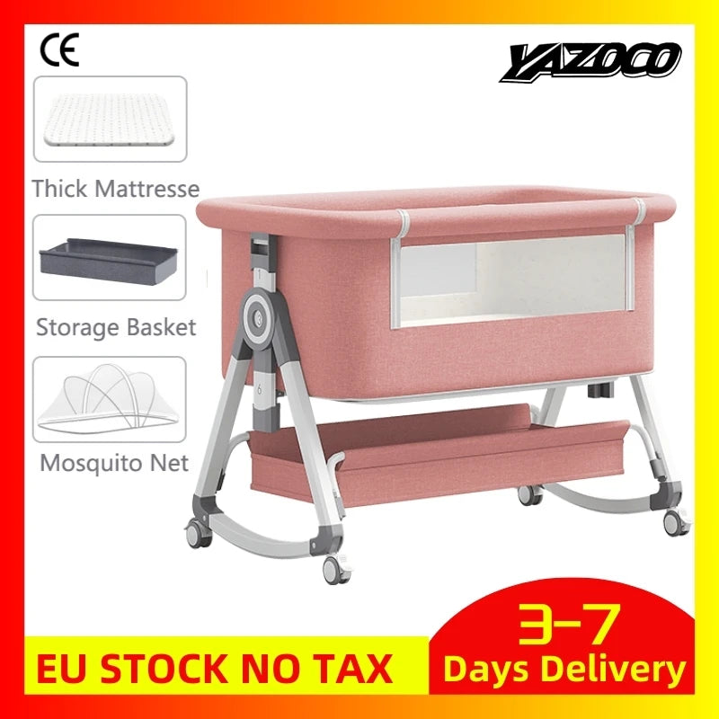 5-in-1 Baby Crib with Adjustable Height, Rocking Mode, Mosquito Net and Storage