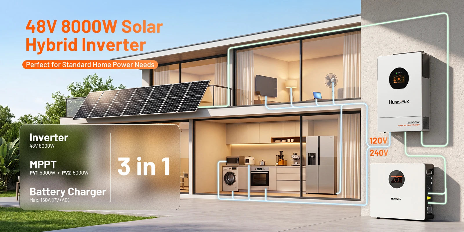 48V 8KW 3-in-1 Solar Hybrid Inverter with Dual MPPT, 120V/240V Split or Single Phase