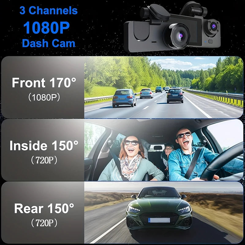 Triple Lens WiFi Dashcam 2/3 Channel Car Camera 1080P HD Video Recorder, Night Vision Car DVR with Wide Angle for Front and Rea