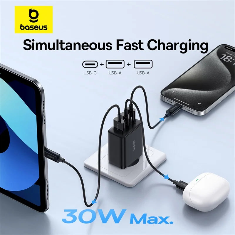 Baseus 30W Gyors Töltő 3-Portos USB-C PD és QC3.0 Fali Adapter