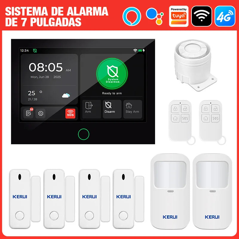 Entrega ES Kerui, grande ecrã tátil de 7 polegadas, sistema de alarme 4G+WiFi, alarme doméstico, ASK/FSK 433MHz, anti-roubo, funciona com Tuya G70