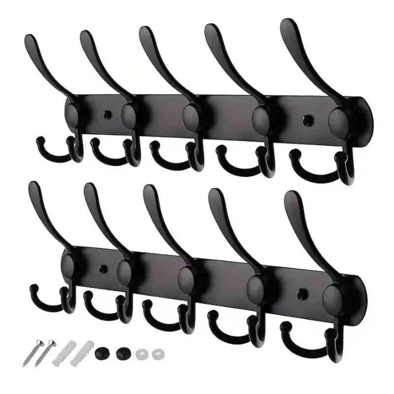 Wall-Mounted Coat Rail with Five Triple Hooks