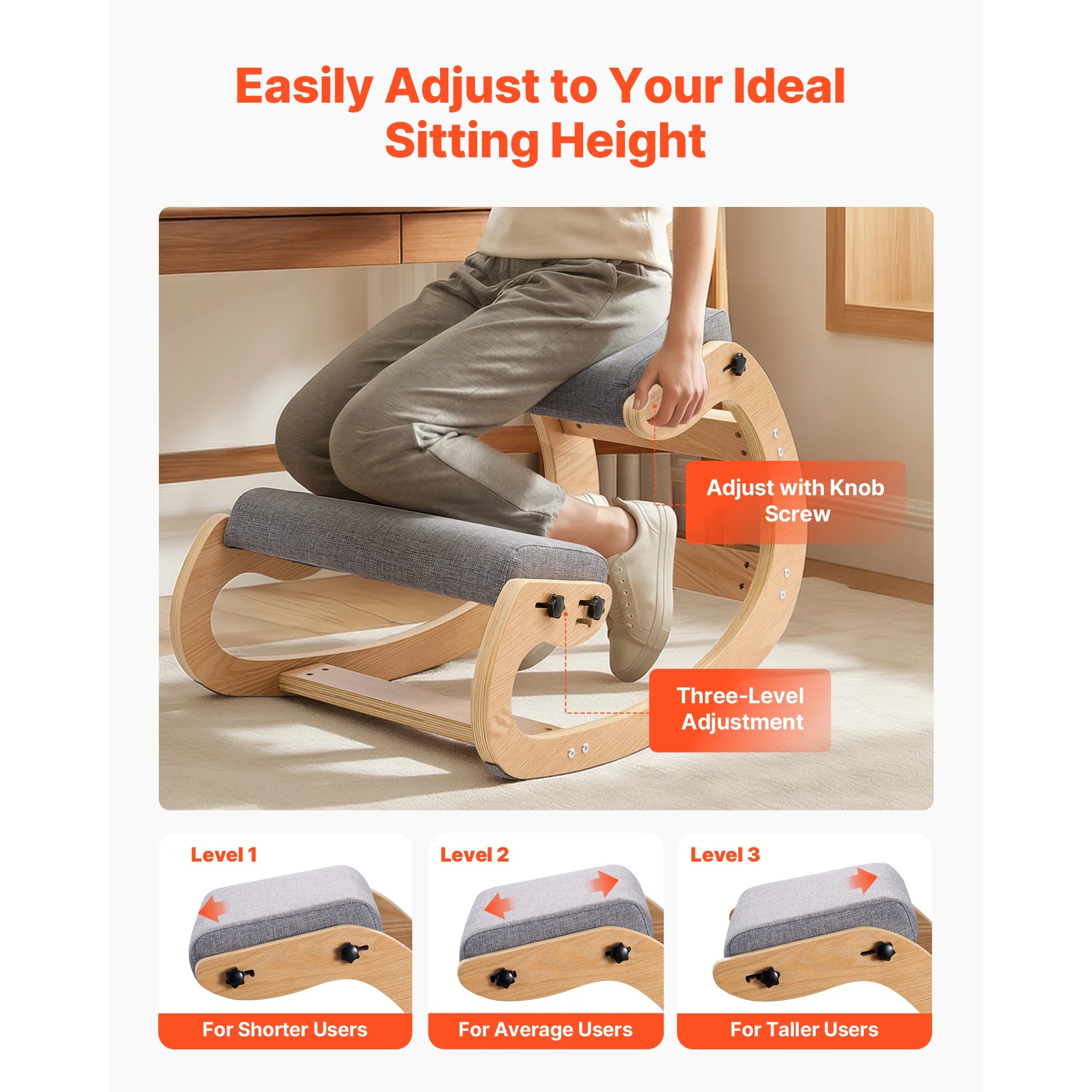 Sedia Ergonomica a Ginocchio con Struttura in Legno e Cuscini Spessi