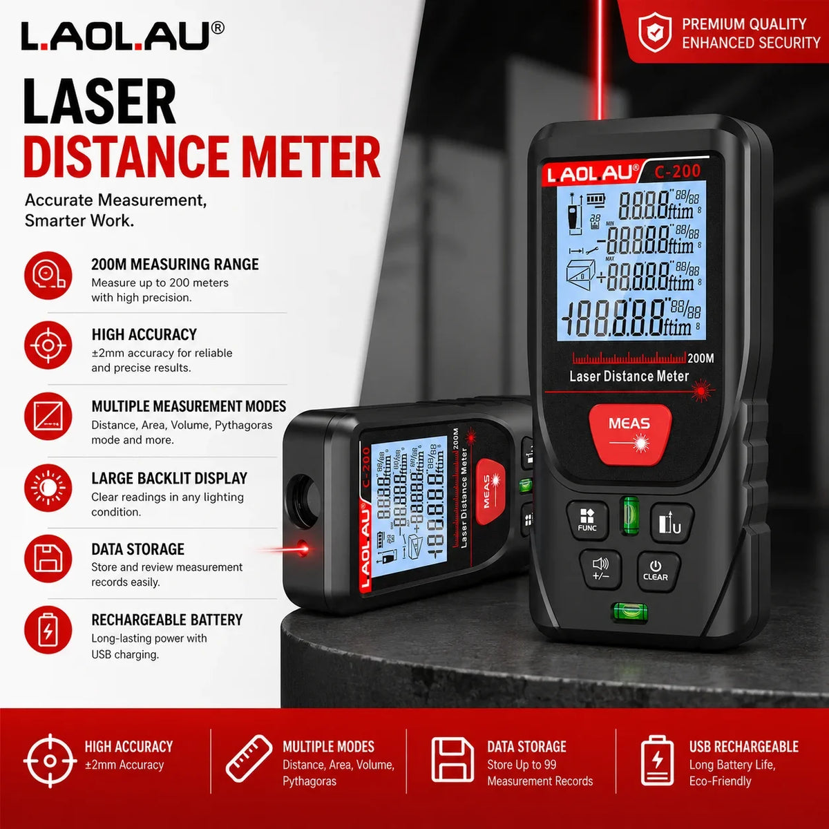 Telemetru laser cu afișaj iluminat, IP54
