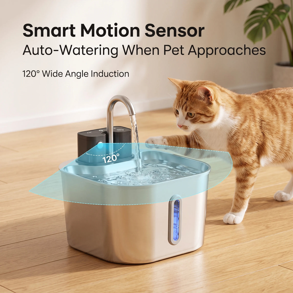2.2L Wireless Recharging Sensor Stainless Steel Pet Water Fountain