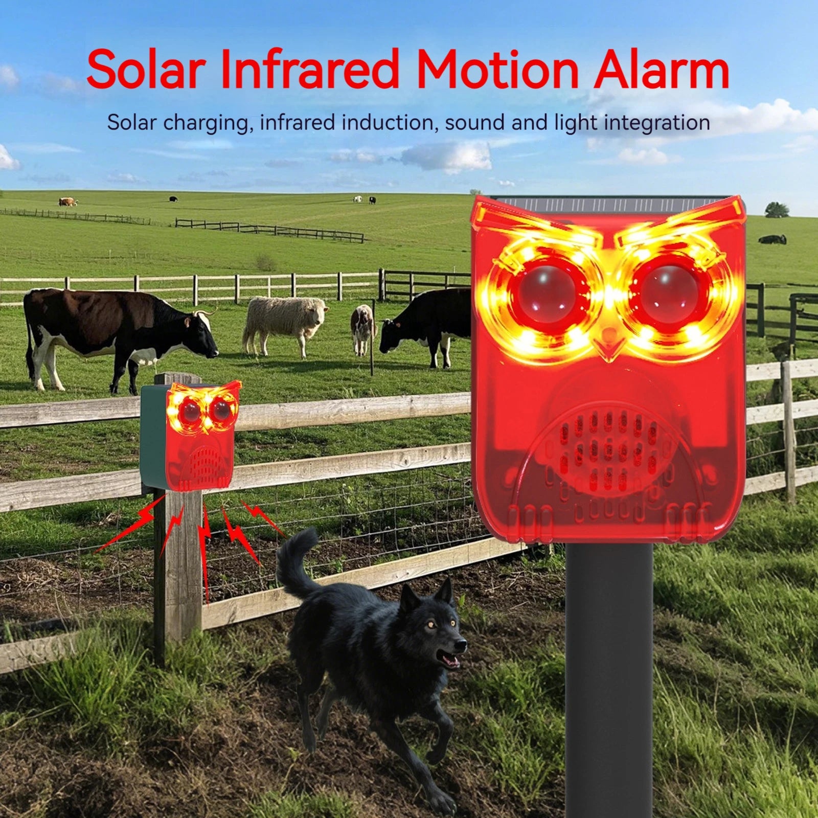 Solárny pohybový senzorový alarm s hlasnými zvukmi na odplašenie zvierat