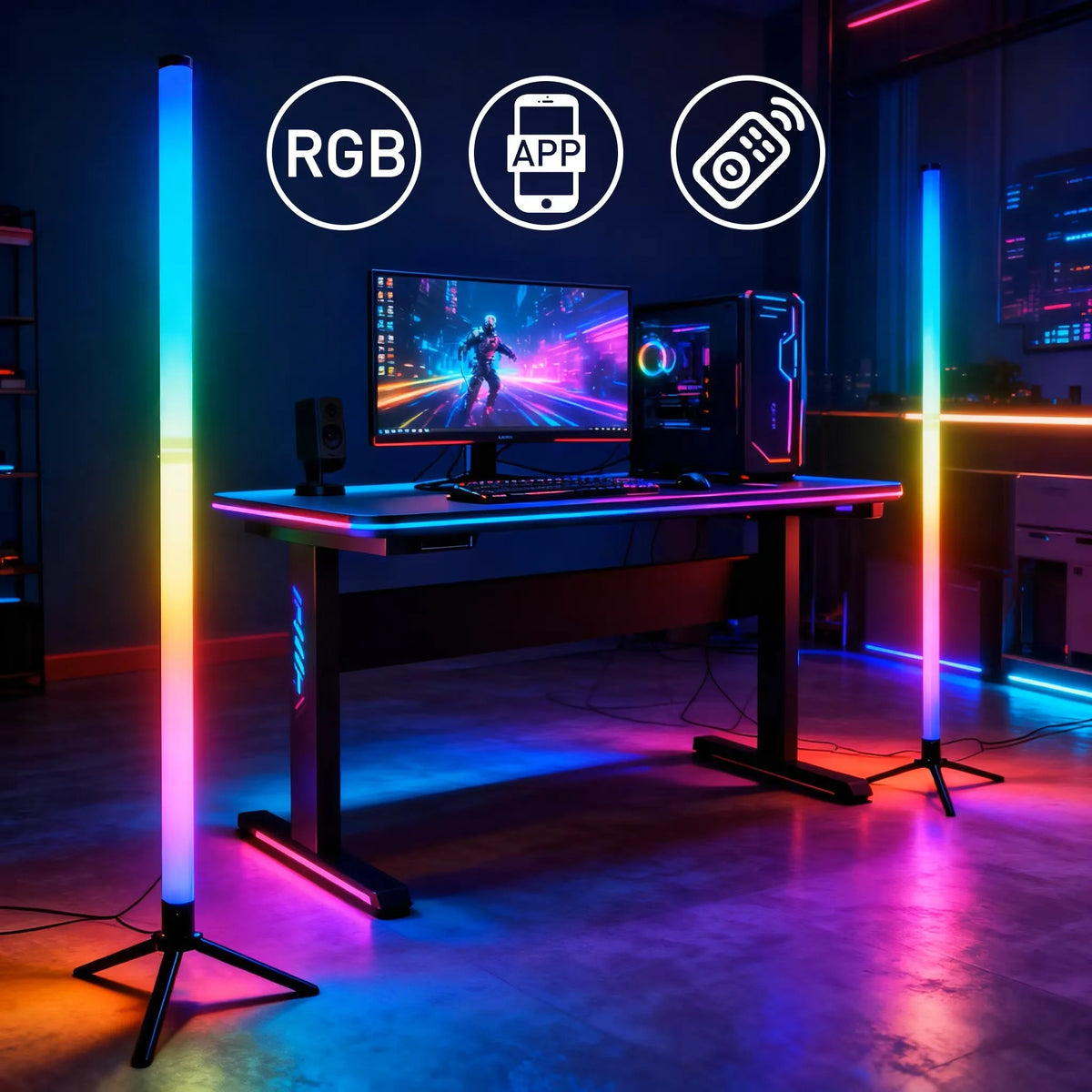 Rohová stojacia lampa RGB so svetelnými efektmi synchronizovanými s hudbou