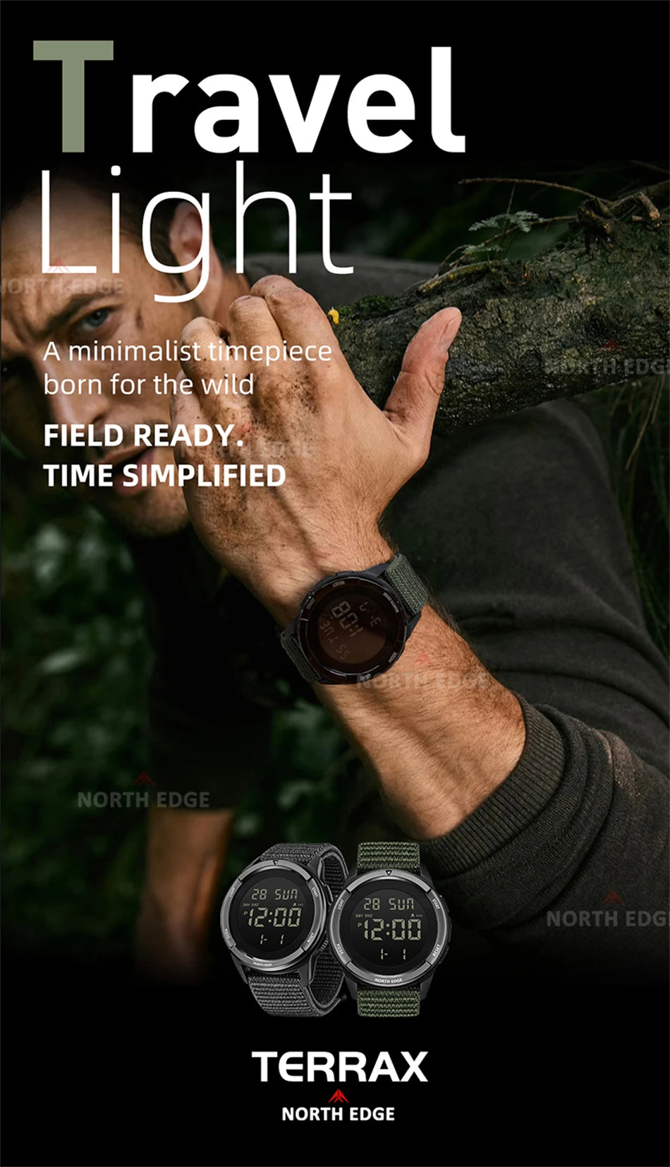 NORTH EDGE 2026 TERRAX Herrenuhr Digitaluhr Outdoor-Sport Schwimmen Wasserdicht 50M Stoppuhr Countdown Elektronische Uhr Für Herren