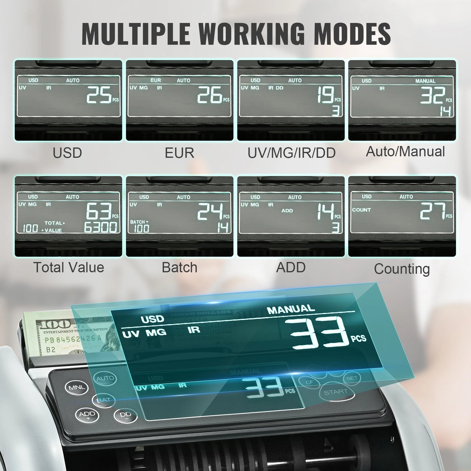 Money Counter Machine with UV MG IR Detection, 1000 Bills/Min