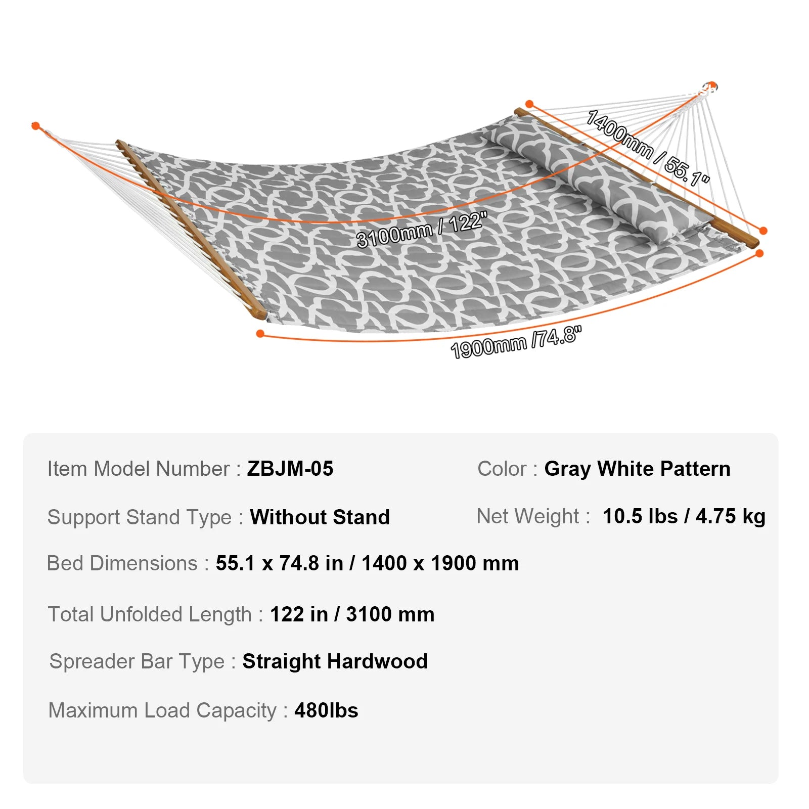 Hamac pour deux personnes Succe avec support inclus, Hamac double avec barres d’écartement courbes, et coussin détachable et sac portable