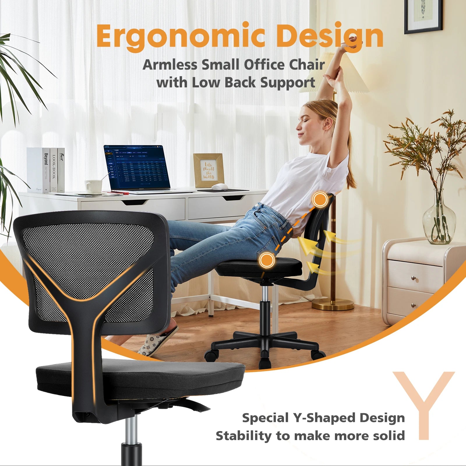 Mesh Armless Office Chair with Lumbar Support & Adjustable Height