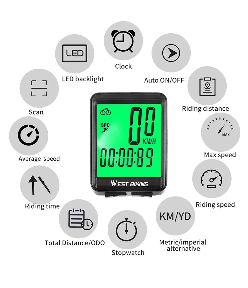 WEST BIKING Bicycle Wireless Computer MTB Road Bike Odometer Waterproof With Backlight Cycling Speedometer LED Rate Stopwatch