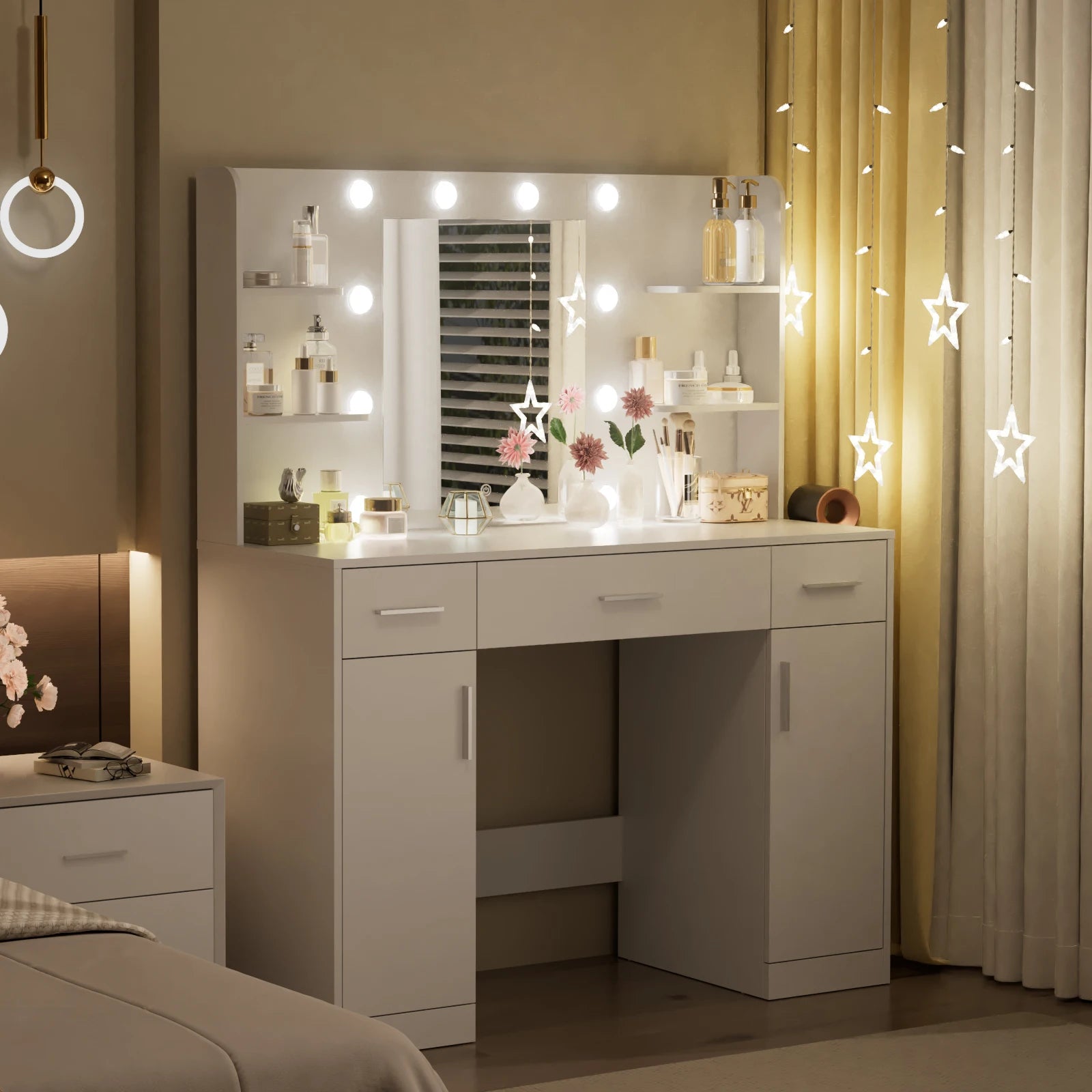 Modern Vanity Desk with Mirror Lights, Storage Cabinets & Drawers