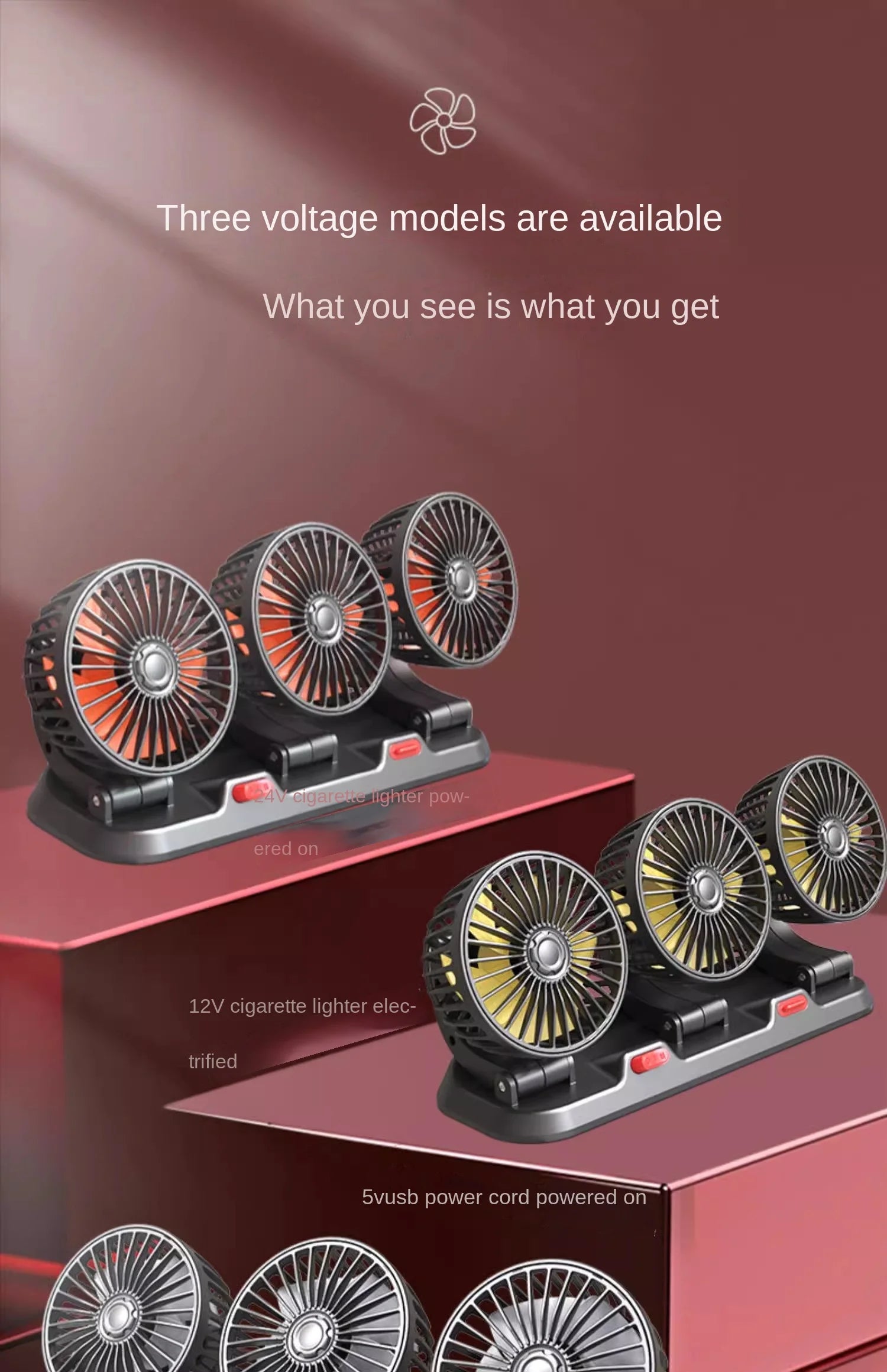 360° Justerbar Dobbelt Hoved Bilventilator med USB & 12V/24V Strøm