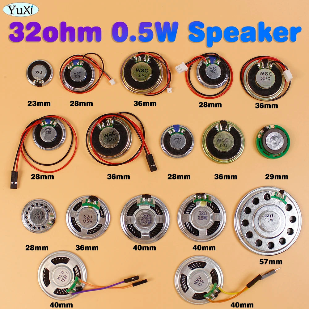 Mini altifalante de 32 Ohm e 0.5 W, opções de tamanho e cablagem