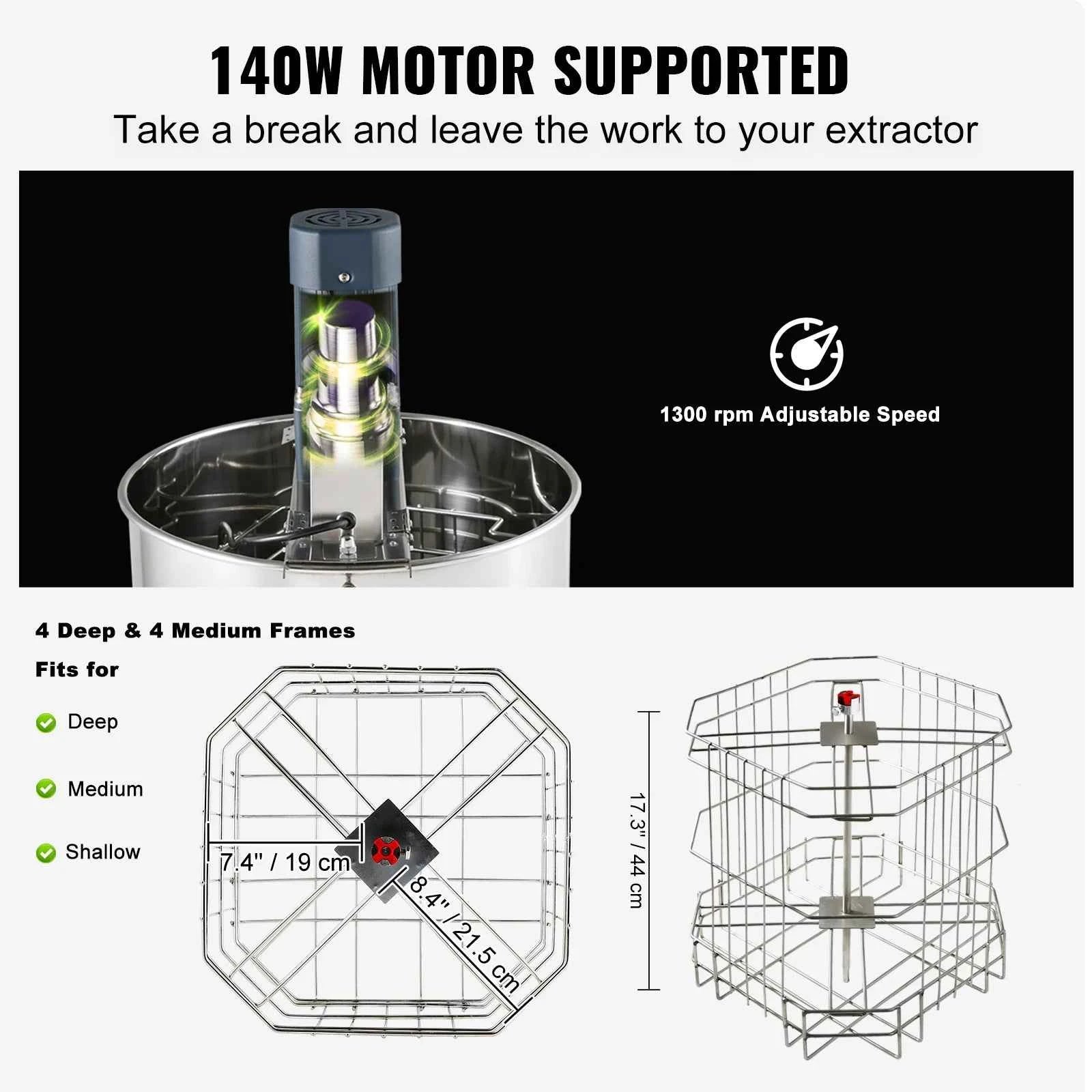 SucceBuy Electric Honey Extractor 4/8 Frames Honey Spinner Stainless Steel Beekeeping Extraction Height Adjustable Stand