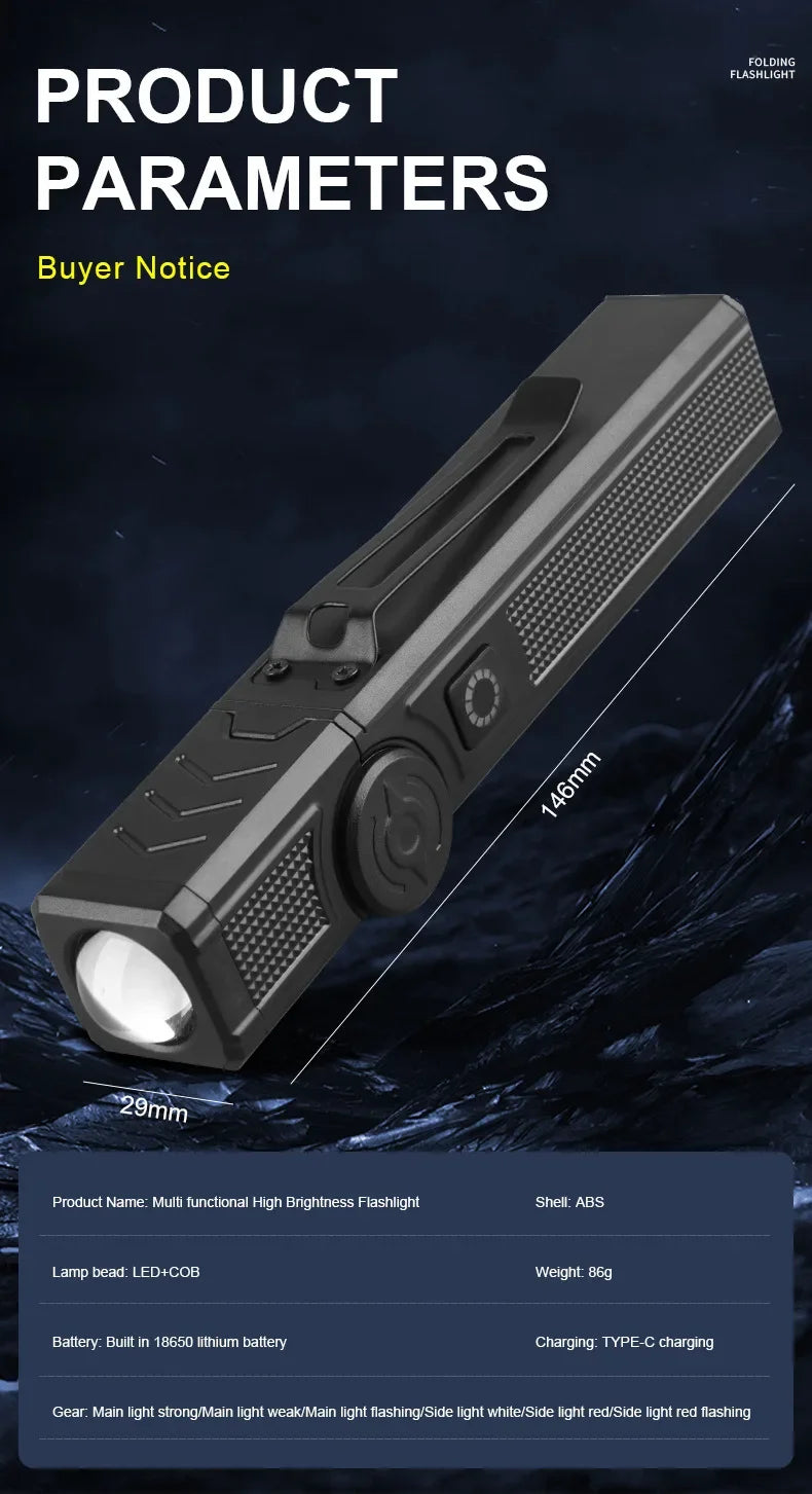 USB Rechargeable LED Work Light 1000 Lumens COB Lantern with Power Capacity Indicator Handled Flashlight for Outdoor Car Repair