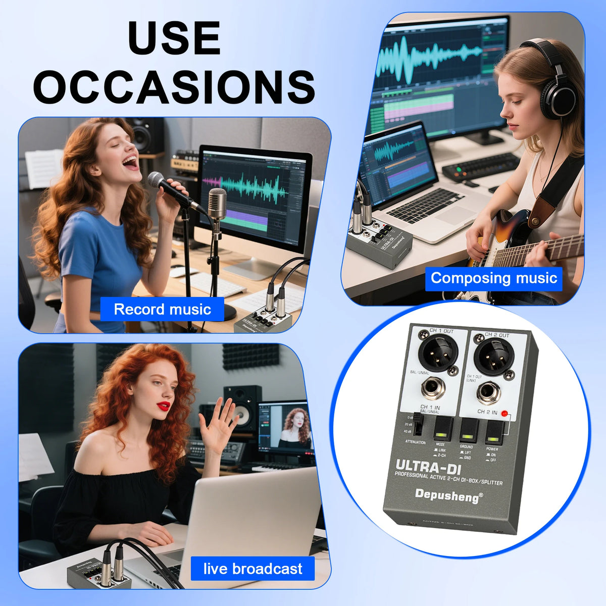 Boîte DI audio active avec options de canal