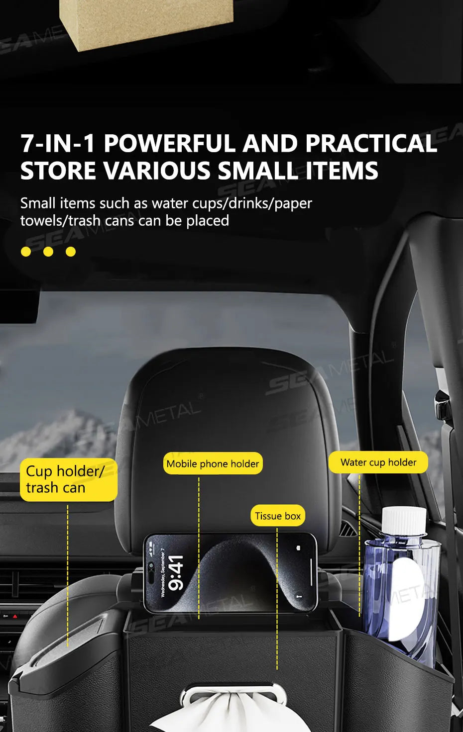SEAMETAL Car Back Seat Organizer Multifunctional Car Storage Box Universal Cup Holder/Trash Bin/Tissue Holder/Phone Mount/Hooks