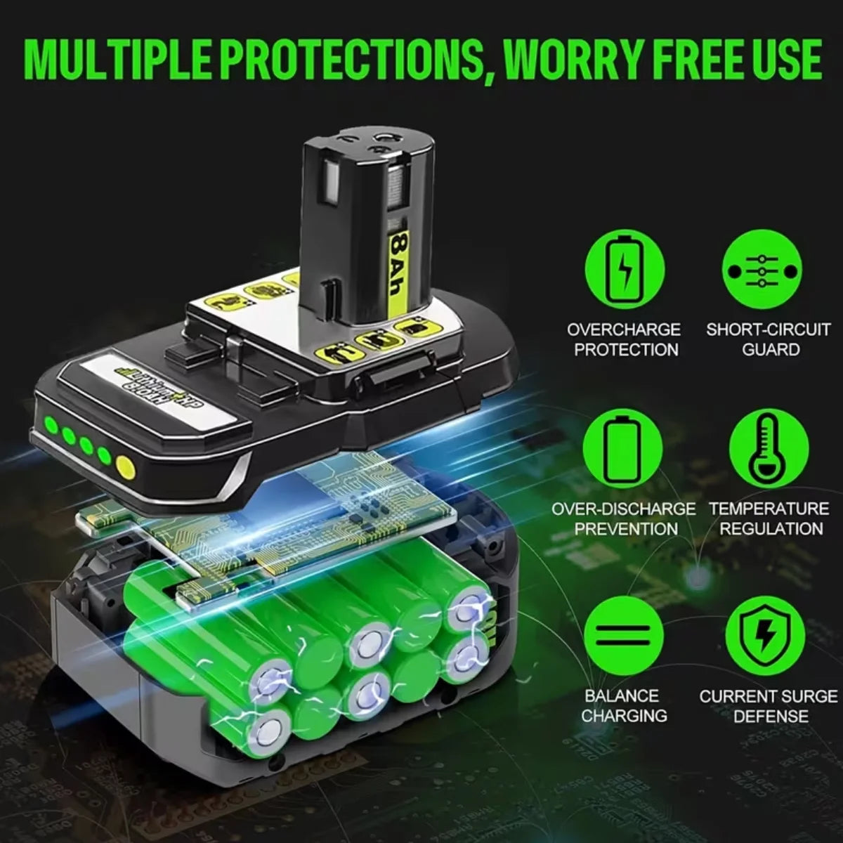 8.0Ah 18V Li-Ion Battery Replacement with Indicator