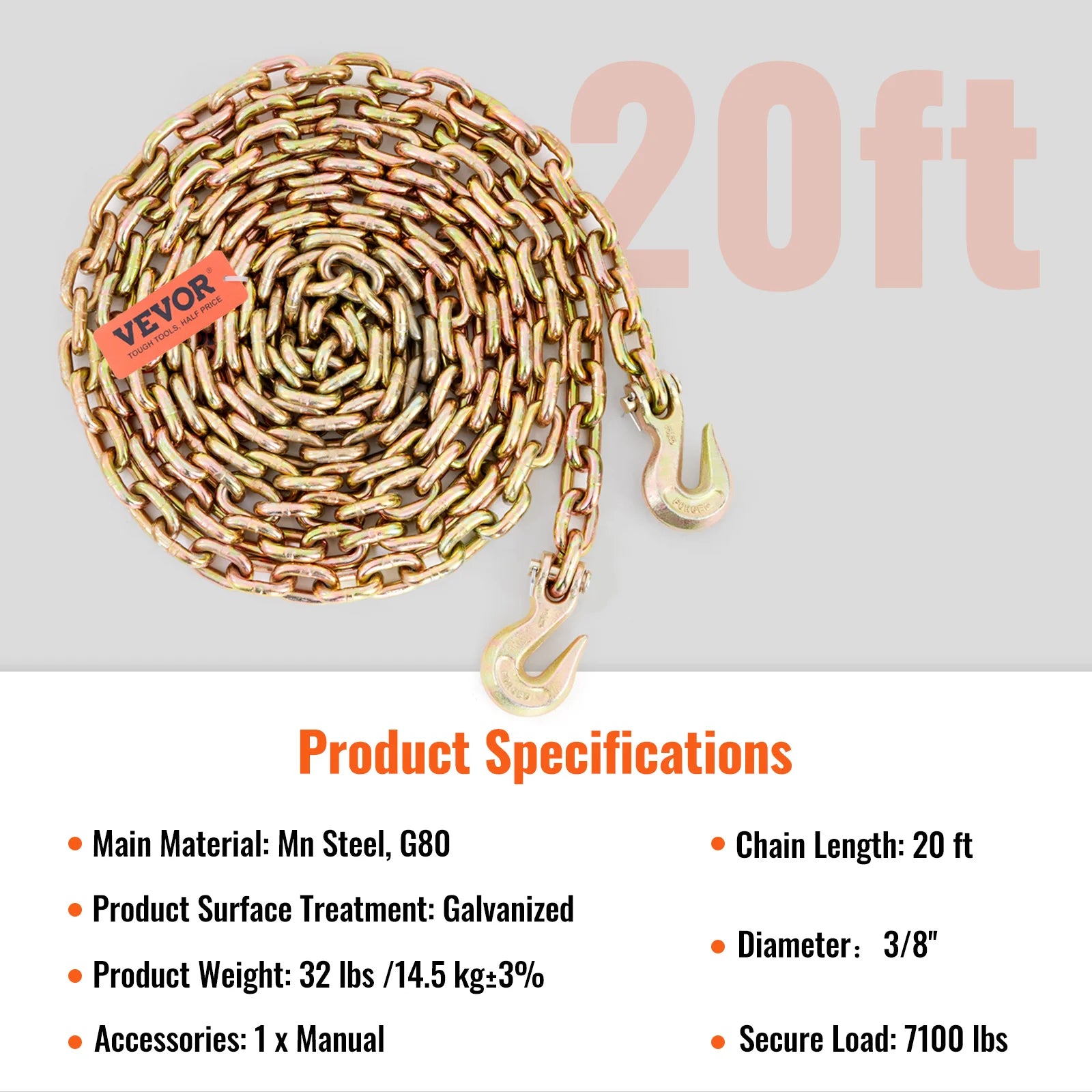 SucceBuy 1/2pcs Binder Chain Trailer Tow Zinc Plated Truck with Safety Grab Hooks for Logging Binder Tie Down Transport Flatbed