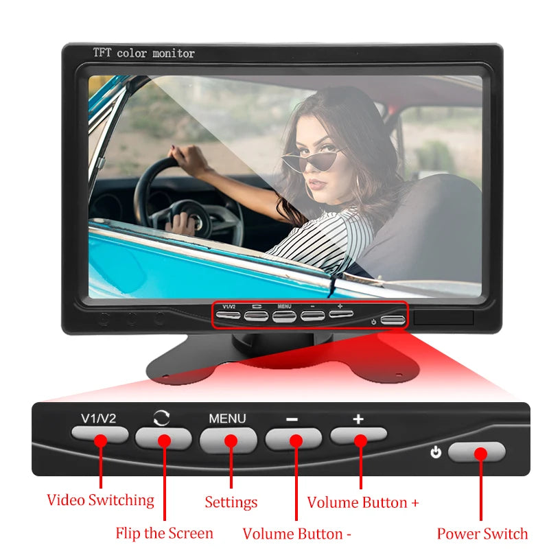 SINOVCLE 7 Inch Car Monitor Screen Rear View Camera HD Digital 2 Way Video Input Rearview Image 9V-36V TFT LCD Parking System