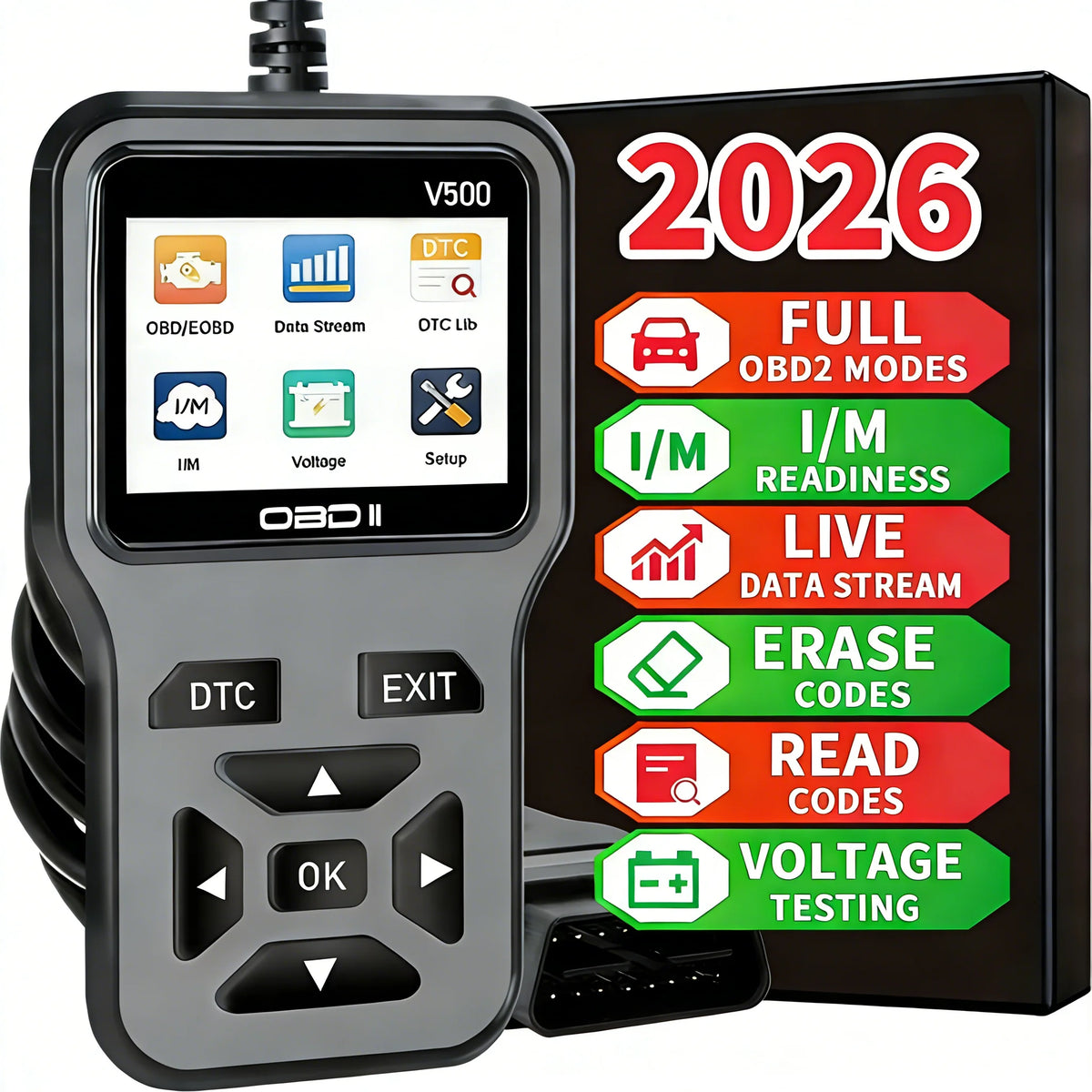 Último escáner OBD2 de diagnóstico de 2026: lector completo de códigos del motor con flujo de datos, preparación de entrada/gestión y prueba de voltaje