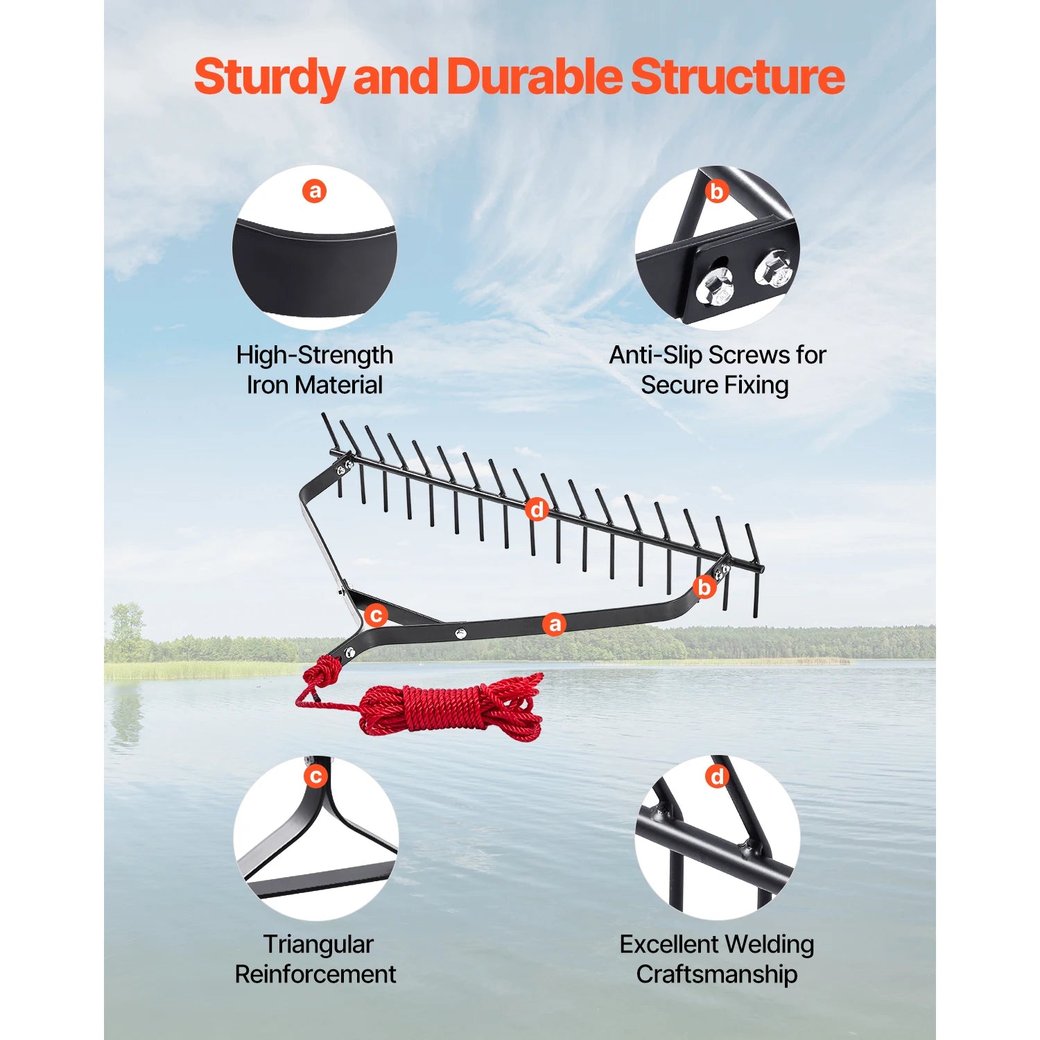 SucceBuy 32 in Aquatic Weed Rake 6.3 Double Weeds Cutter w/30ft Rope No Assembly Required Clearing Tool to Pond Lake Rivulet
