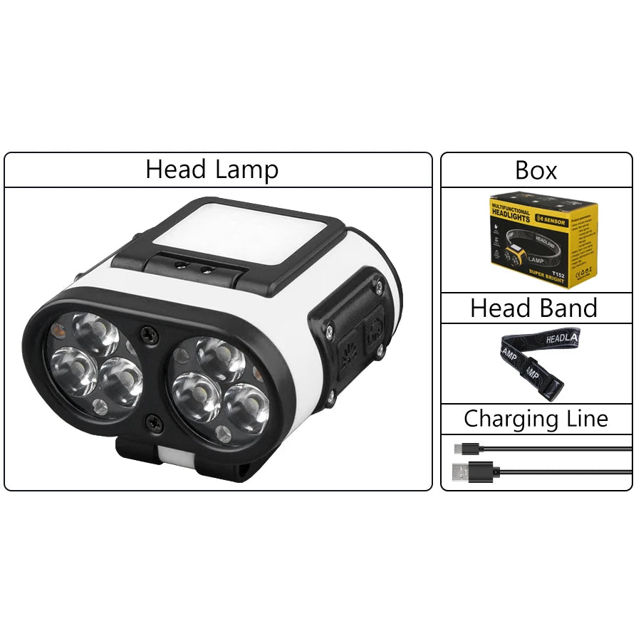 LED Headlamp Smart Sensor Cap Clip Light TPYE-C Rechargeable Flashlight With Power Display Riding Fishing Camping Outdoor Torch