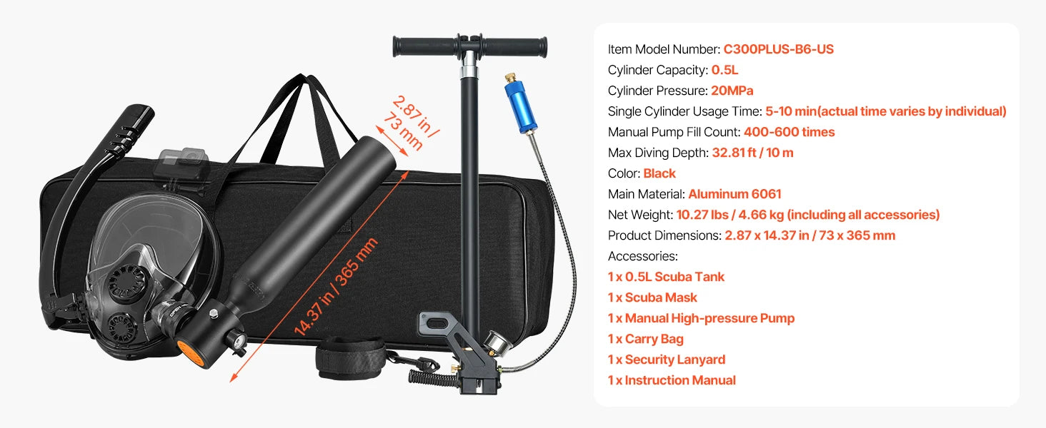 SucceBuy Scuba Tank 0.5L Portable Scuba Diving Tank Diving Oxygen Cylinder Support 5-10Minute Underwater Breathing 98.43ft Depth