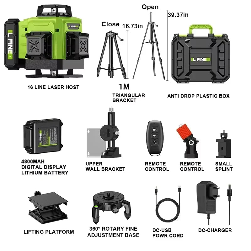 LFINE 3D/4D Laser Level 8/12/16 Lines Horizontal And Vertical With Remote Control 8 Lines 360°Self-leveling Laser Levels