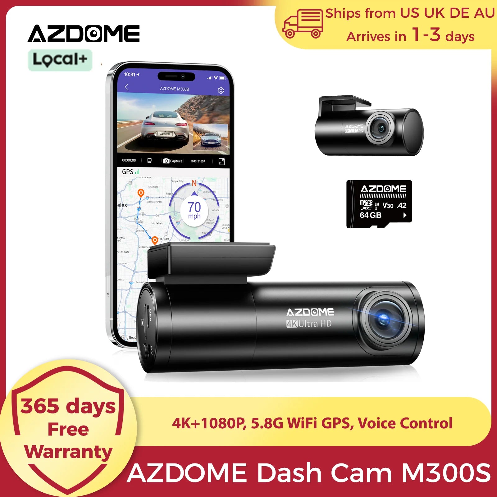 AZDOME M300S 4K Front and Rear Dash Cam with WiFi GPS