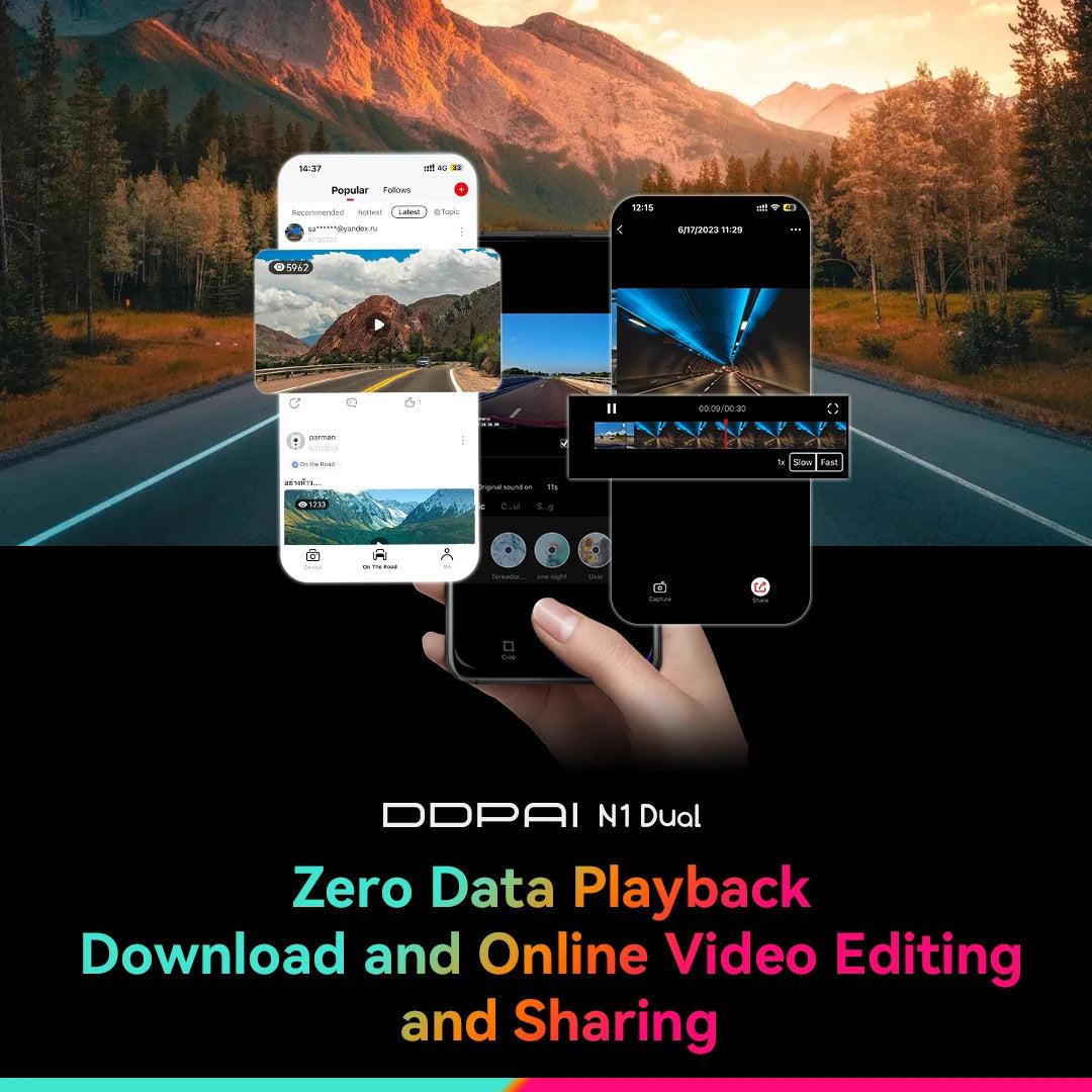 DDPAI Dash Cam N1 Dual Front & Rear Recording NightVIS 1296P Dash Cam Recorder Car DVR App Control