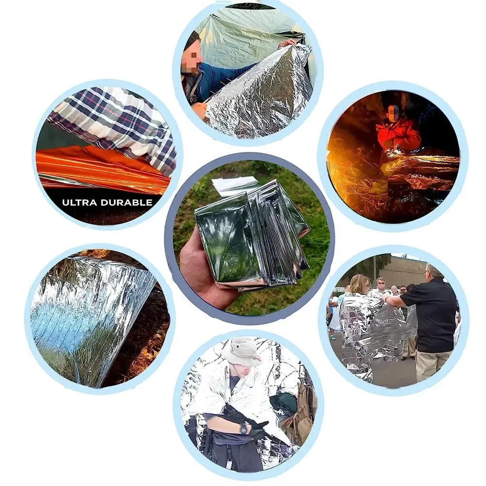Emergency Thermal Poncho Blanket Lightweight Folding Water Resistant Windproof Sunshade Reusable First Aid Camping Mat Pad Cover