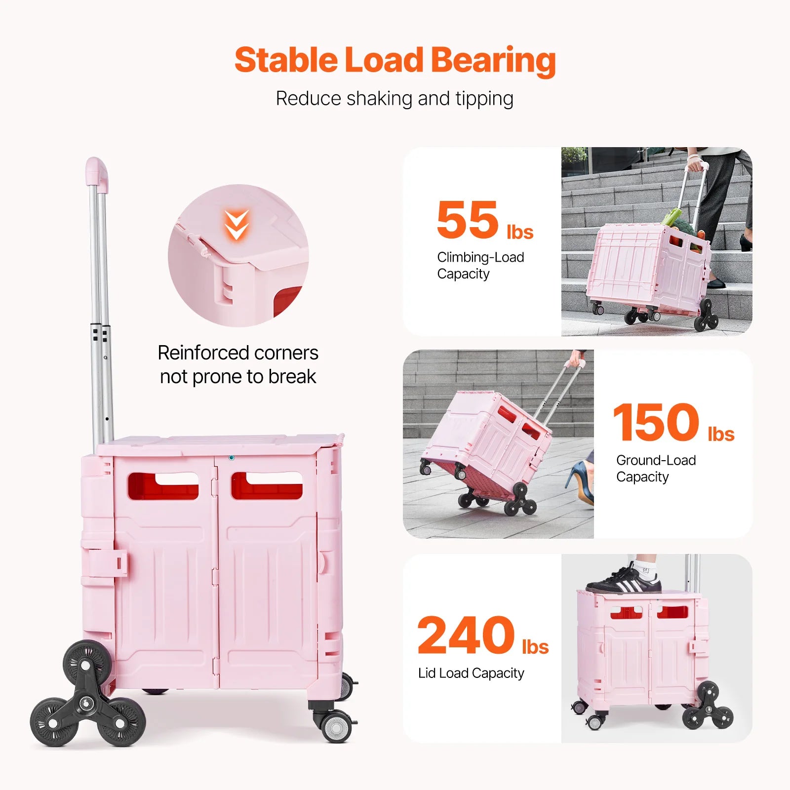 Trappestigende foldbar vogn med hjul, 150 lbs kapacitet transportvogn