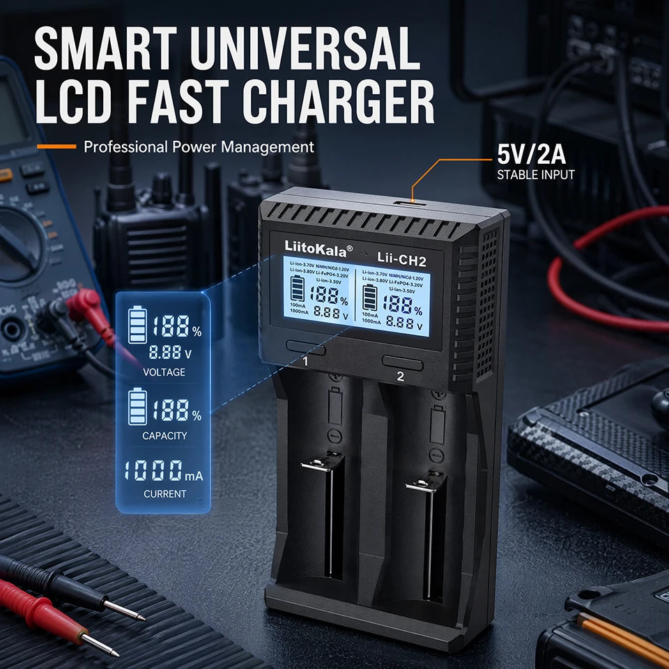 شاحن بطاريات ذكي متعدد الوظائف CH2، بشاشة LCD مزدوجة الفتحات، يدعم بطاريات Li-ion بجهد 1.5V و3.7V و3.8V وLiFePO4 وNi-MH، وبطاريات AA وAAA و18650
