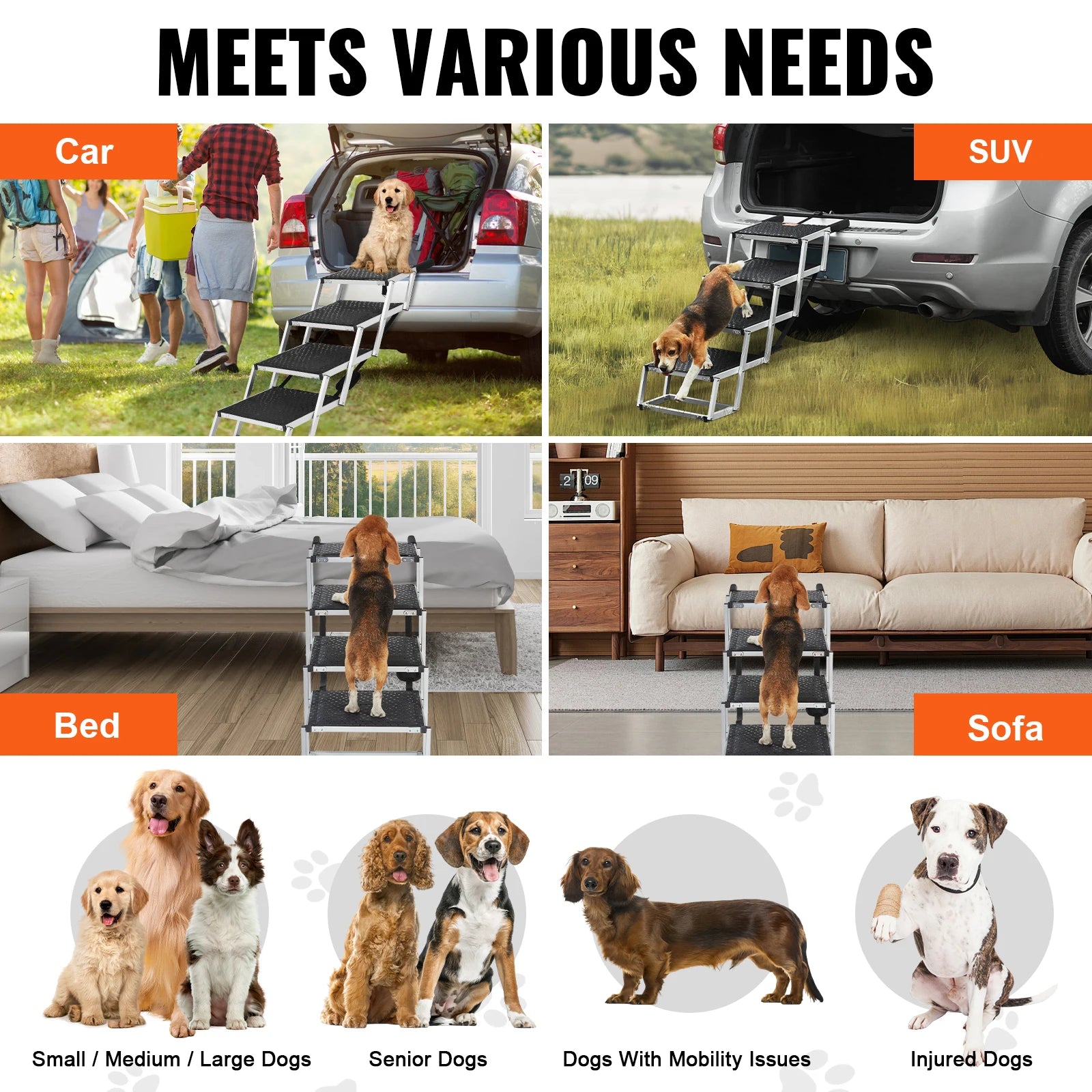 Scalinette per cani SucceBuy per auto, ampia scala per cani per auto, passi pieghevoli portatili per animali, leggeri in alluminio, per auto, SUV e camion, 150 lb