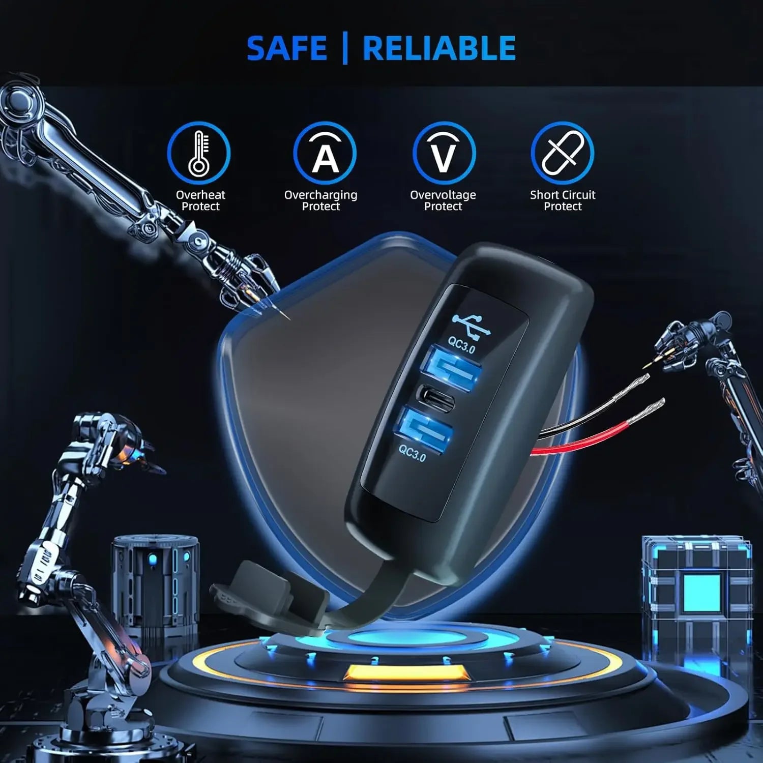 Carregador de Carro com 3 Portas, Dupla USB PD QC3.0, Adaptador de Carga Rápida à Prova de Água para Caminhão, Marinha, Motociclo e Acessórios de Carro