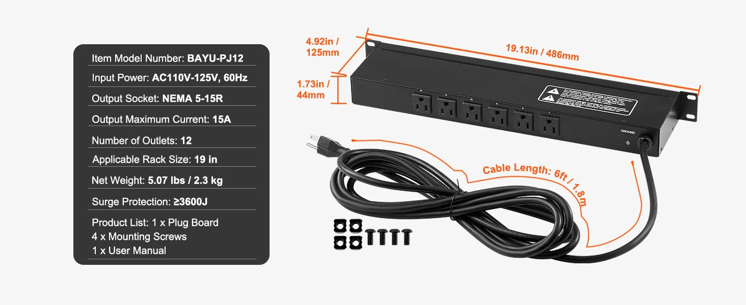 Multipresa PDU da 1U per montaggio a rack con 8/10/12 prese, protezione da sovratensioni 15A