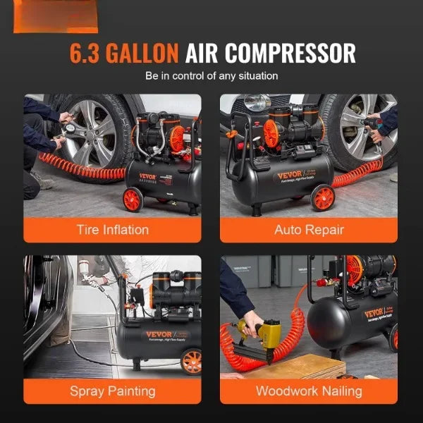 Bezolejový vzduchový kompresor 6,3 galonu, 2 HP, 3,35 CFM, 90 PSI, tichý 70 dB
