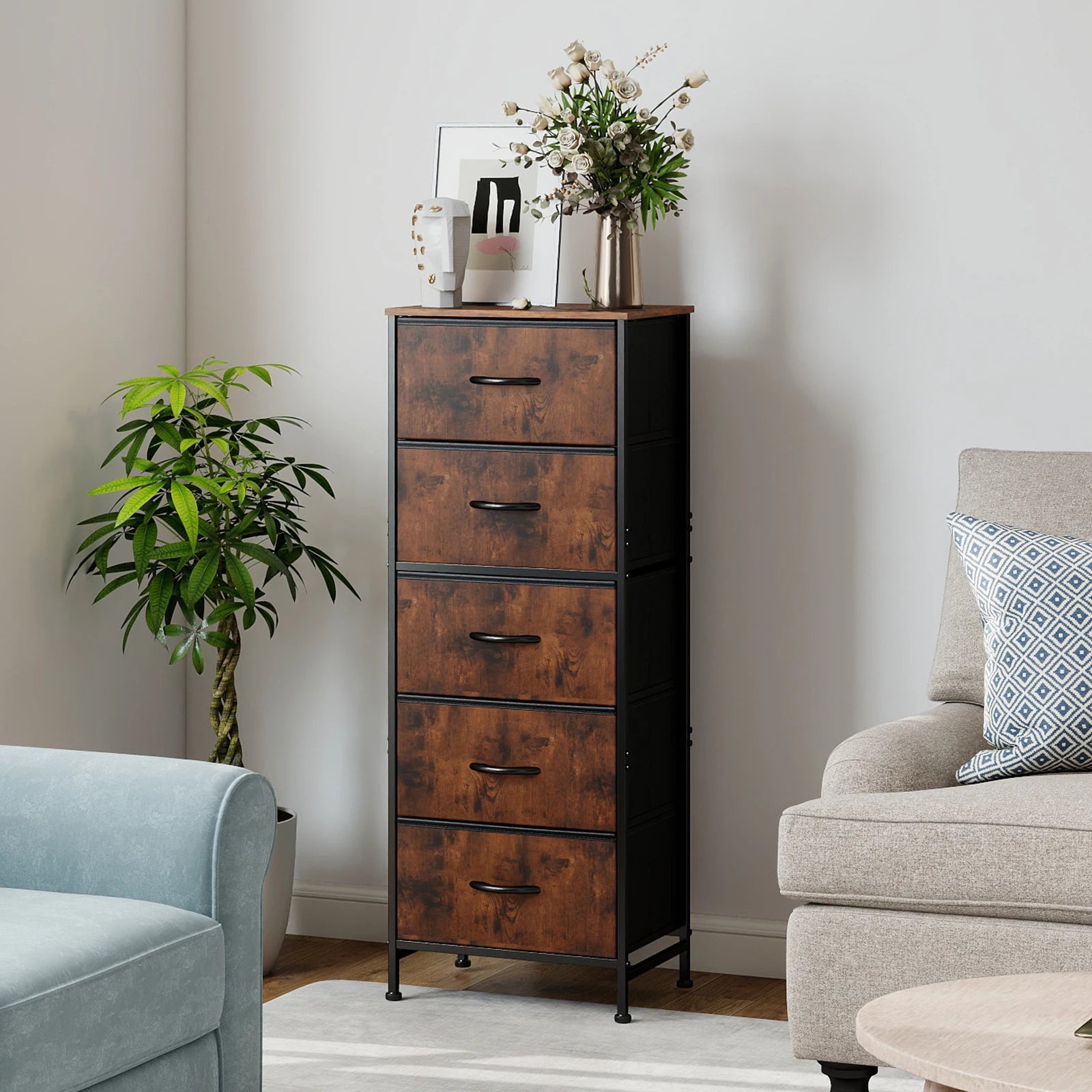 5 Drawer Fabric Dresser Cabinet Slim Storage Tower with Wood Top
