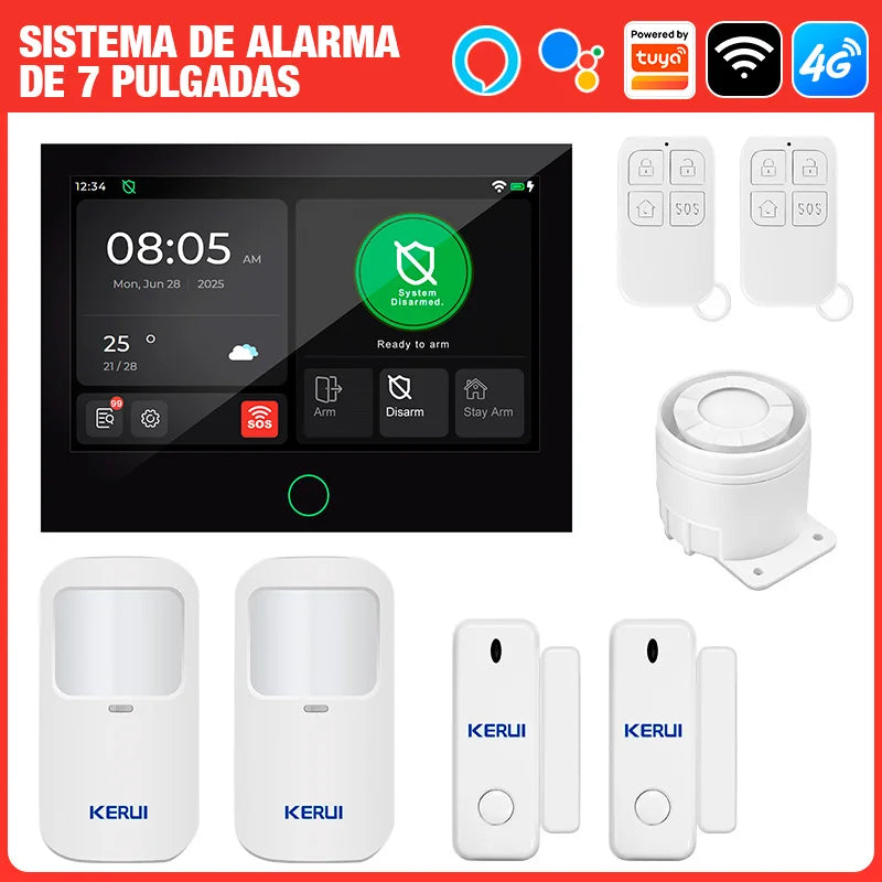 Entrega ES Kerui, grande ecrã tátil de 7 polegadas, sistema de alarme 4G+WiFi, alarme doméstico, ASK/FSK 433MHz, anti-roubo, funciona com Tuya G70