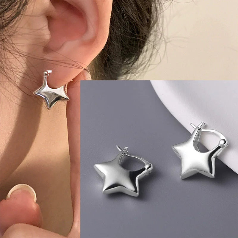 925 Sterling Silver CZ Star Moon Asymmetric Hoop Earrings