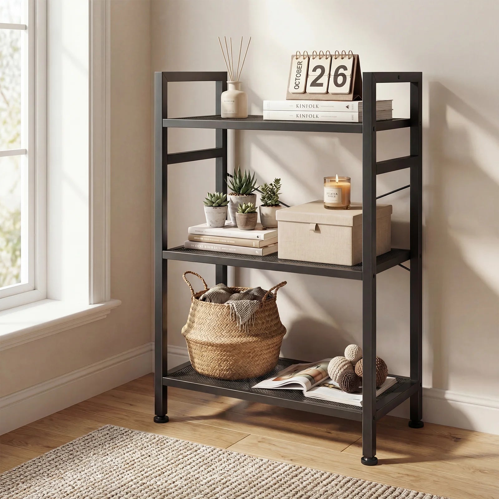 5 Tier Wooden Bookshelf with Metal Frame Tall Storage Display Shelf
