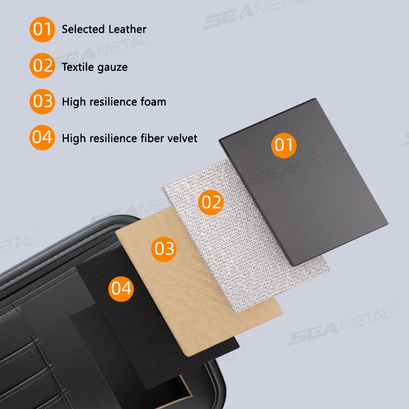 SEAMETAL 9 in 1 Sun Visor Organizer for Car PU Leather Zipper Storage Bag Net Pouch Auto Storage Pocket with Glasses/Card Holder